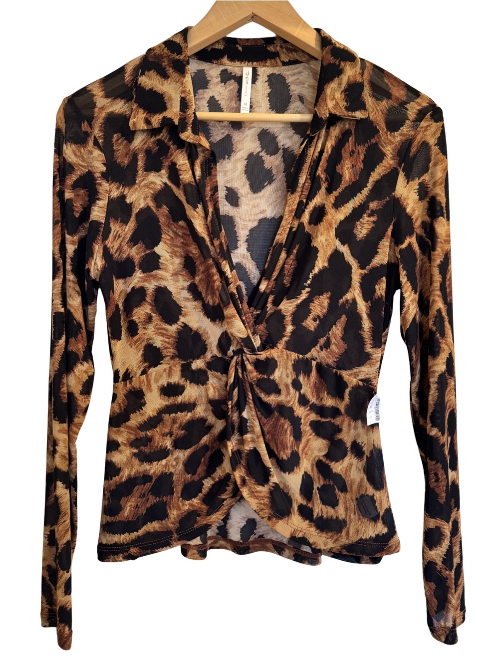 Leopard Print Sheer Mesh Twist-Front Top | Size M | Long Sleeve Collared